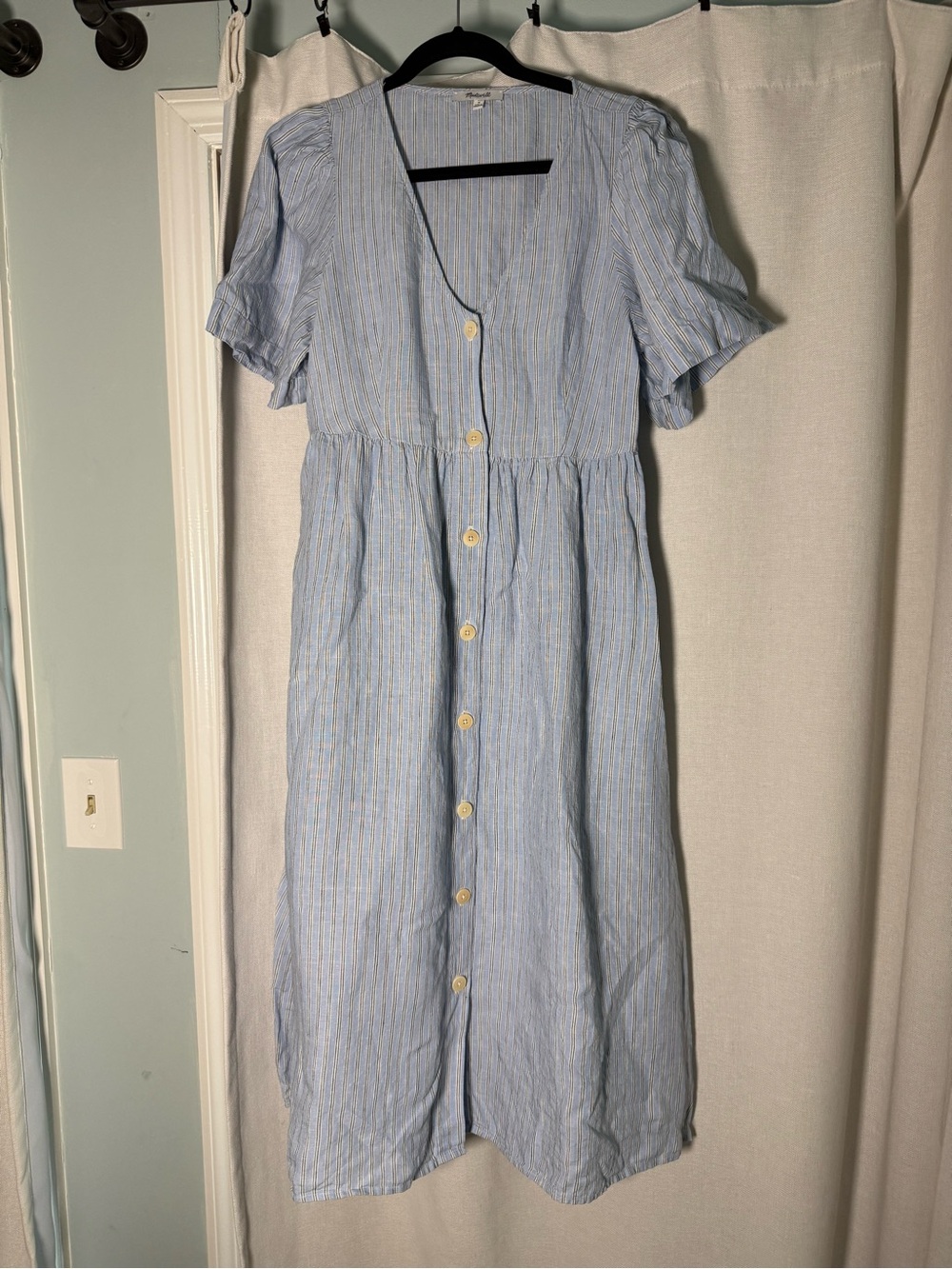 Madewell Light Blue & White Striped Button-Front Midi Dress 100% linen